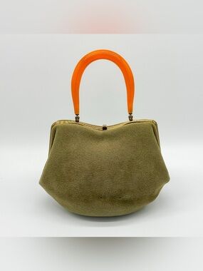 Vintage Morris Moskowitz MM Olive Green Felt Handbag Orange Lucite Handle MCM